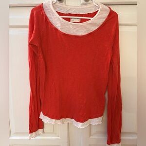 Free People M Layered Red Long Sleeve Top with White Trim